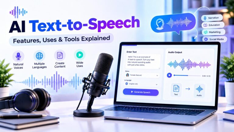 AI text-to-speech technology converting written text into audio with a microphone and waveform interface