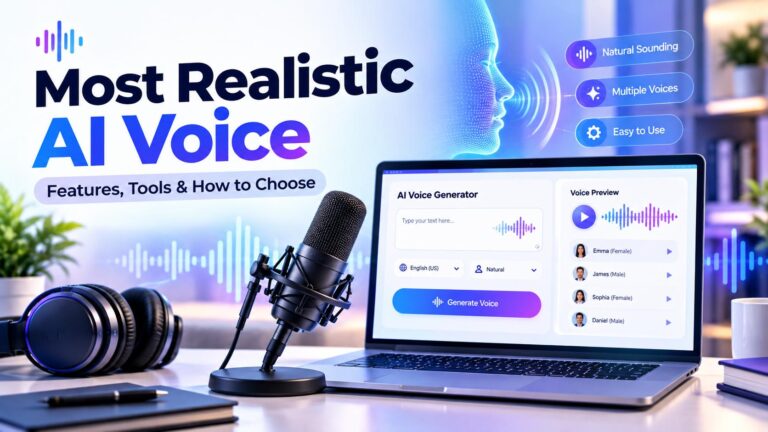Most realistic AI voice guide featuring a studio microphone and AI audio waveforms